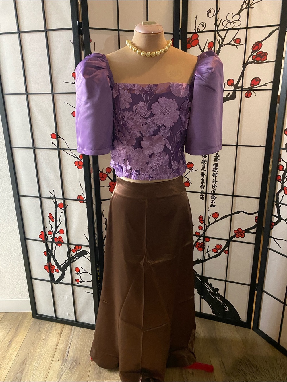 Filipiniana L Lavender Puff Sleeve Lace Crop Top - Women Skirt Styling